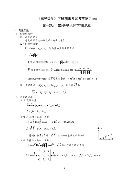 《高等数学》(下)期末考试考前复习提纲