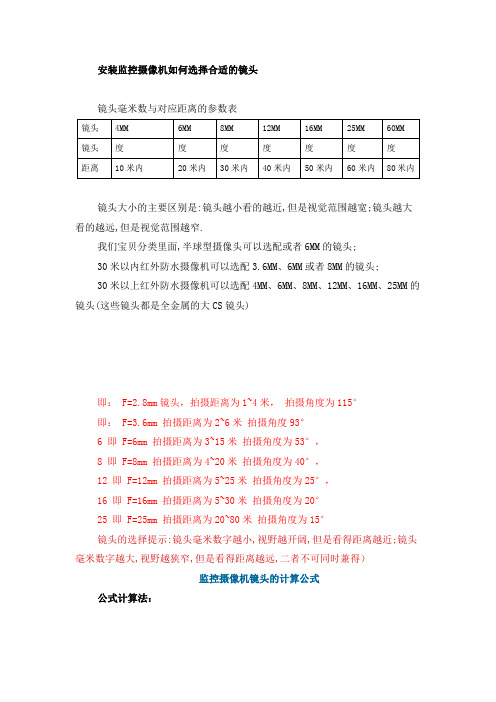 镜头毫米数与对应距离的参数表