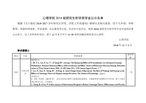 心理学院2014级研究生积学奖学金公示名单