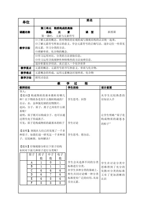 初中化学_元素与元素符号教学设计学情分析教材分析课后反思