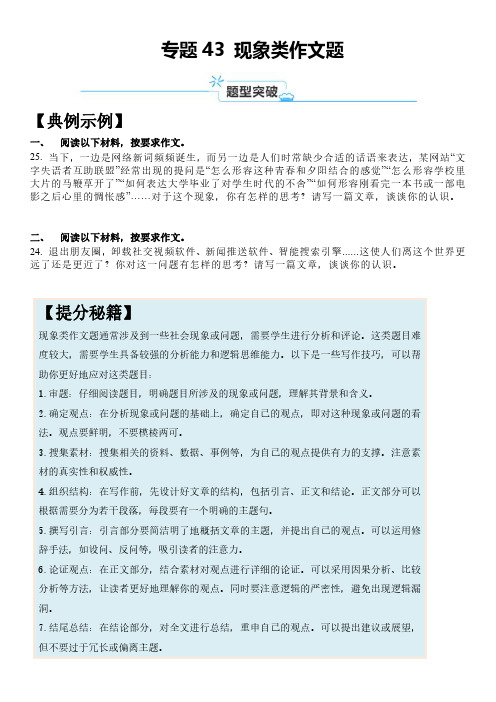 2024年上海市高考语文一轮复习知识点精讲精练 专题43 现象类作文题含详解