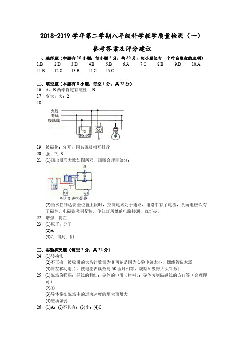 (嘉兴)2018-2019学年第二学期八年级科学教学质量检测(一)参考答案及评分建议