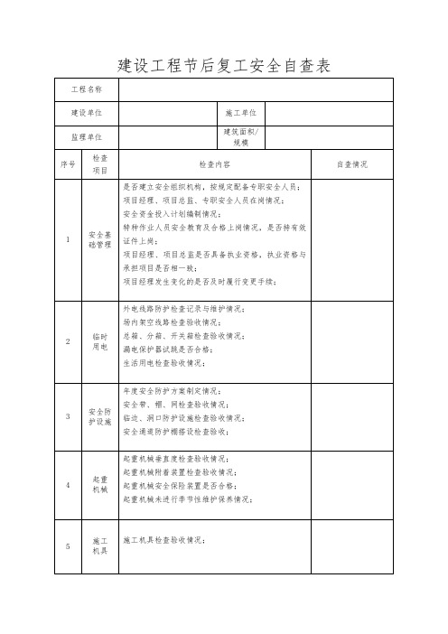 建设工程节后复工安全自查表