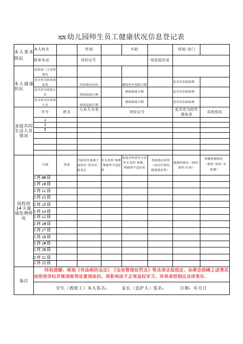 一人一档xx幼儿园师生员工健康状况信息登记表)