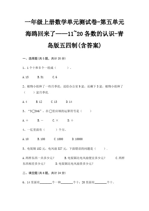 青岛版五四制一年级上册数学单元测试卷第五单元 海鸥回来了——11~20各数的认识(含答案)