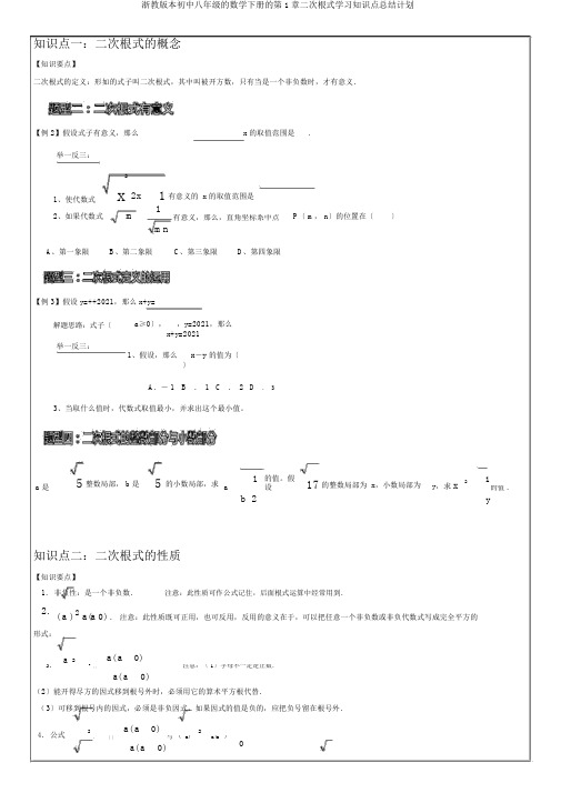 浙教版八年级数学下册第1章二次根式知识点总结计划