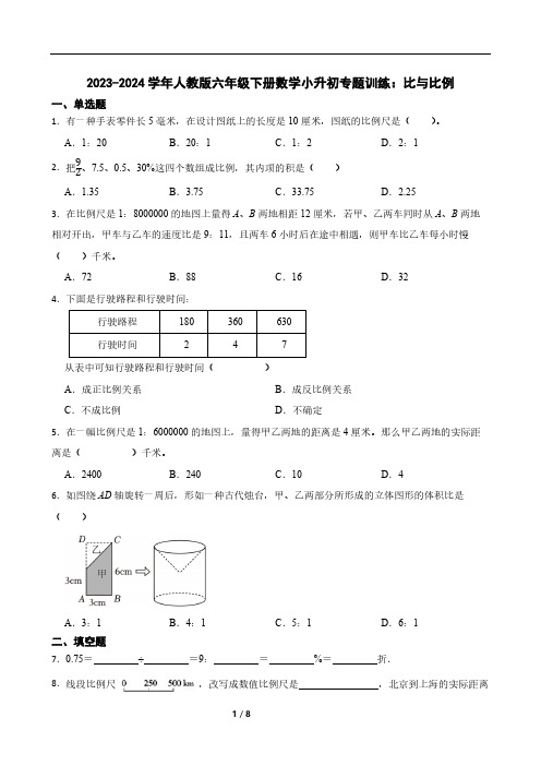 2023-2024学年人教版六年级下册数学小升初专题训练：比与比例(含答案)