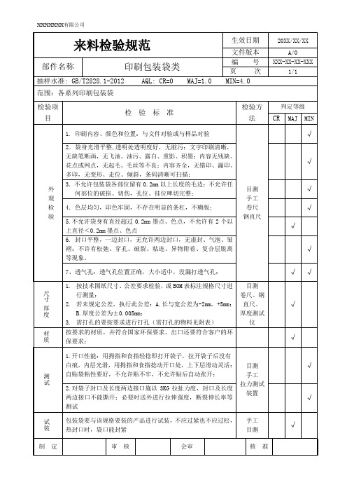 印刷包装袋类进料检验标准