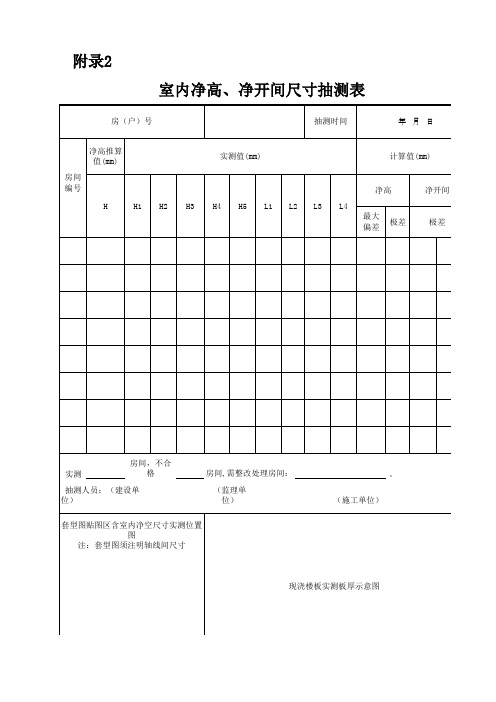 室内净高、净开间尺寸抽测表