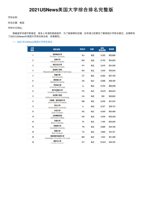 2021USNews美国大学综合排名完整版