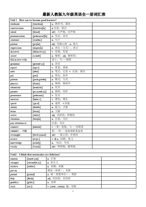 最新人教版九年级英语全一册词汇表