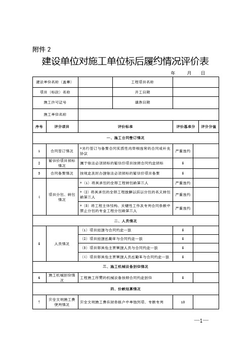 建设单位对施工单位标后履约情况评价表【模板】