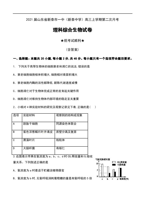 2021届山东省新泰市一中(新泰中学)高三上学期第二次月考理科综合生物试卷及答案