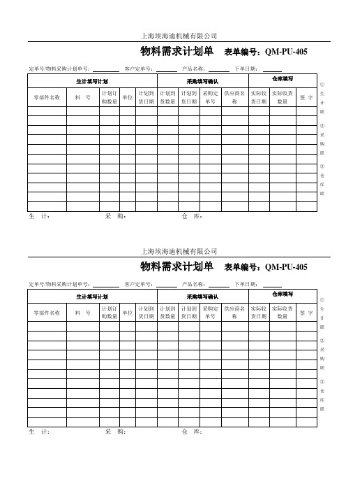 物料需求计划单