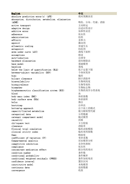 定量药理学名词中英对照表