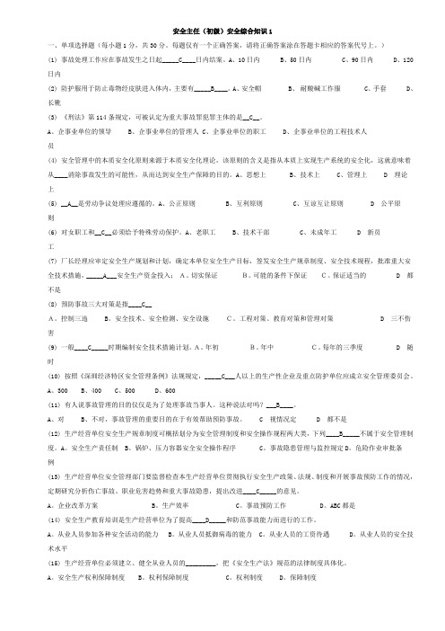 初级安全主任综合知识试题及答案