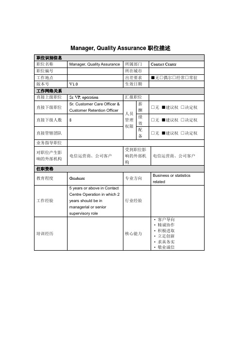 岗位职责-Manager,QualityAssurance岗位说明书 精品