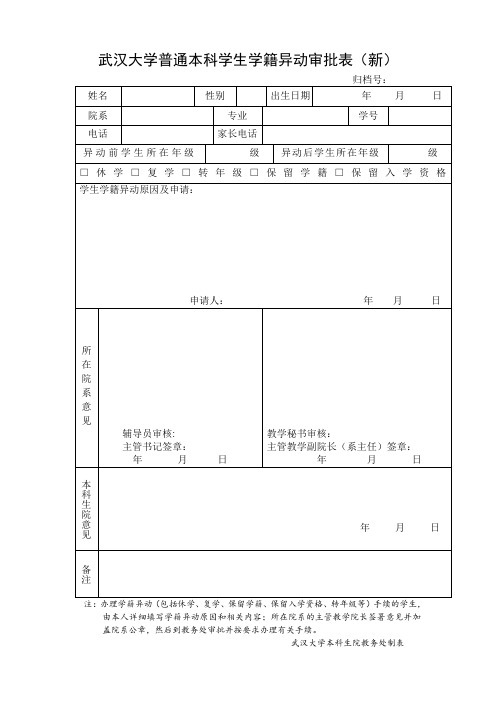 武汉大学普通本科学生学籍异动审批表新