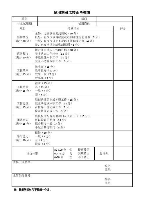 试用期员工转正考核表