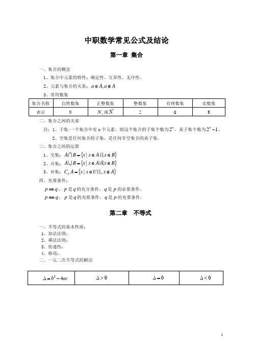 中职数学常见公式及结论