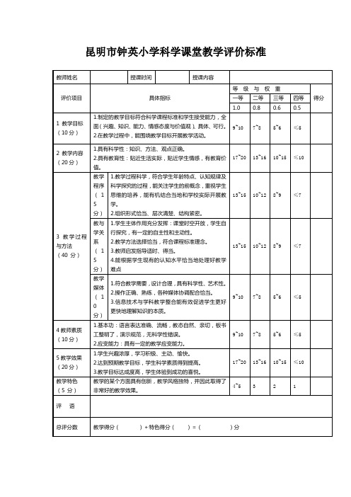 小学科学课堂教学评价表