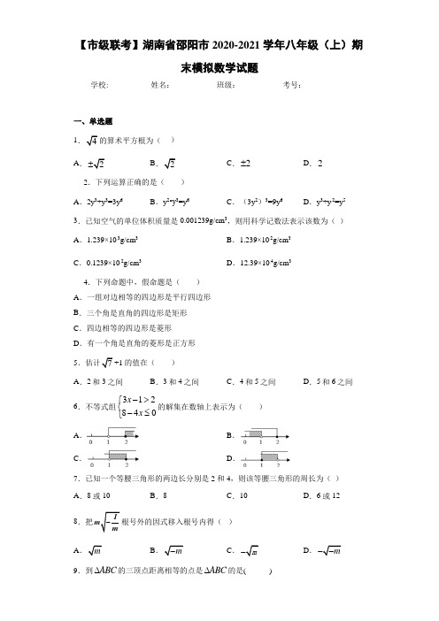 【市级联考】湖南省邵阳市2020-2021学年八年级(上)期末模拟数学试题