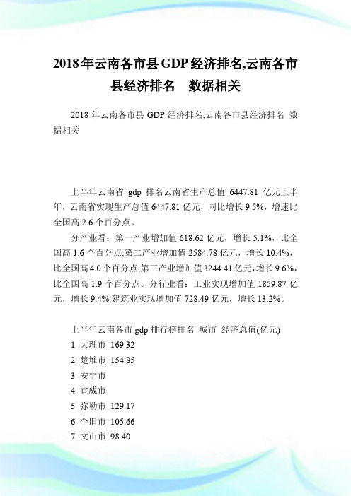 云南各市县GDP经济排名,云南各市县经济排名数据相关.doc