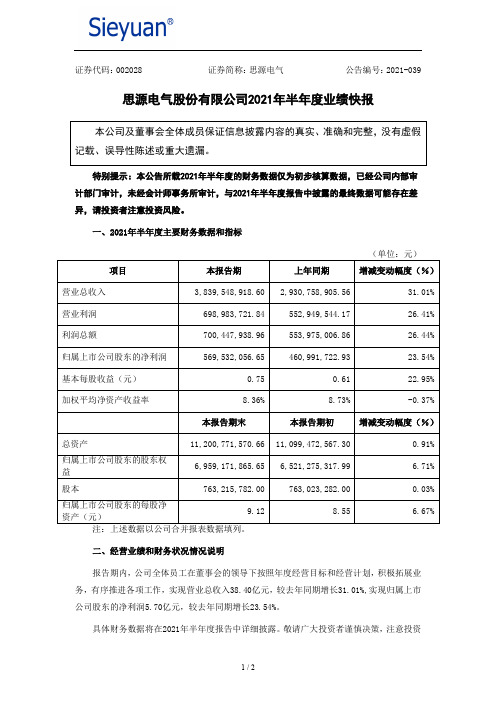 002028思源电气:2021年半年度业绩快报