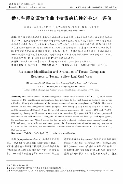 番茄种质资源黄化曲叶病毒病抗性的鉴定与评价