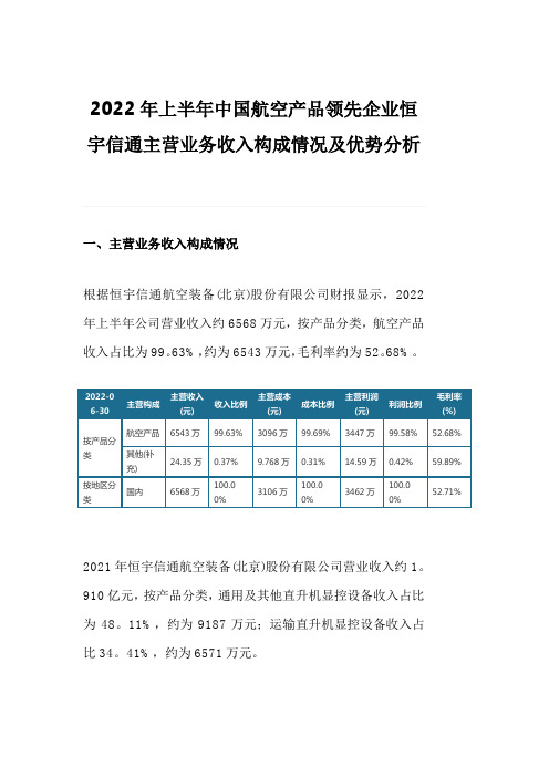 2022年上半年中国航空产品领先企业恒宇信通主营业务收入构成情况及优势分析