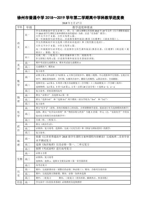 2018-2019学年第二学期高中进度