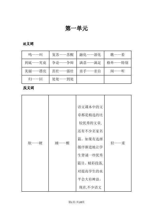 一年级下册语文素材近反义词 部编人教版