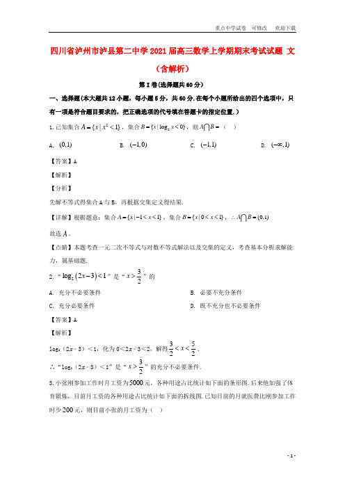 四川省泸州市泸县第二中学2021届高三数学上学期期末考试试题 文(含解析)