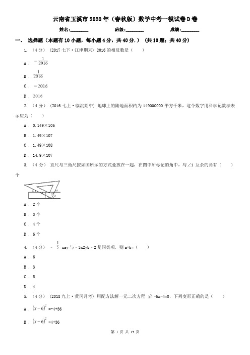 云南省玉溪市2020年(春秋版)数学中考一模试卷D卷