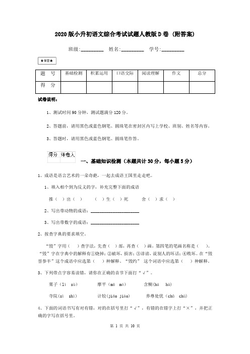 2020版小升初语文综合考试试题人教版D卷 (附答案)