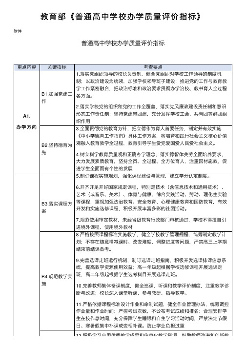 教育部《普通高中学校办学质量评价指标》