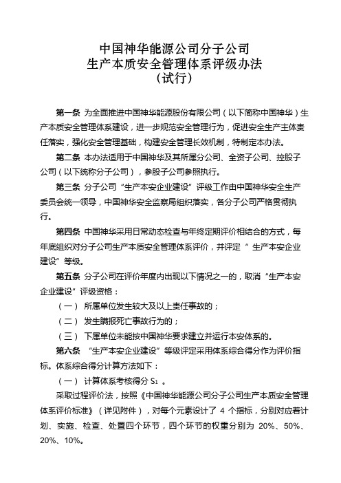 中国神华能源公司分子公司生产本质安全管理体系评级办法