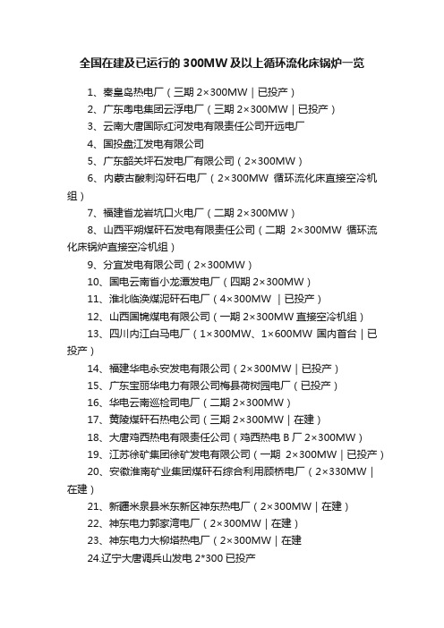 全国在建及已运行的300MW及以上循环流化床锅炉一览