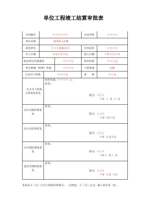 单位工程竣工结算审批表