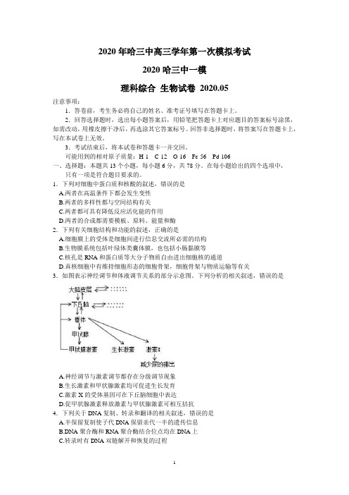 2020哈三中一模 黑龙江省哈尔滨市第三中学2020届高三下学期第一次模拟考试(5月)生物试题 Word版含答案 