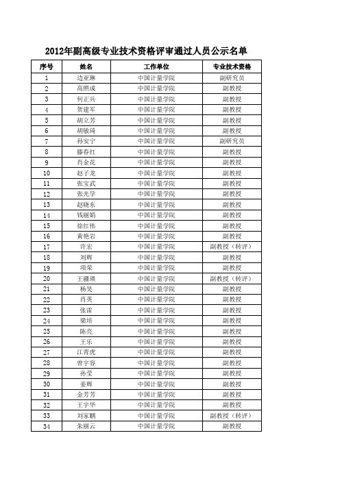 2012年副高级专业技术资格评审通过人员公示名单xls