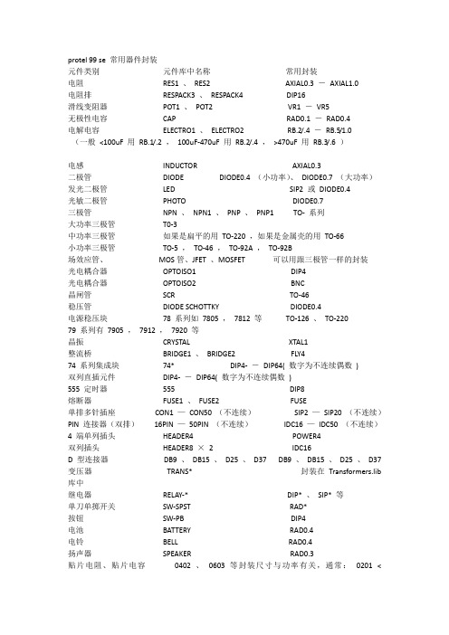 protel_99_se常用器件-原理图-PCB封装对照表