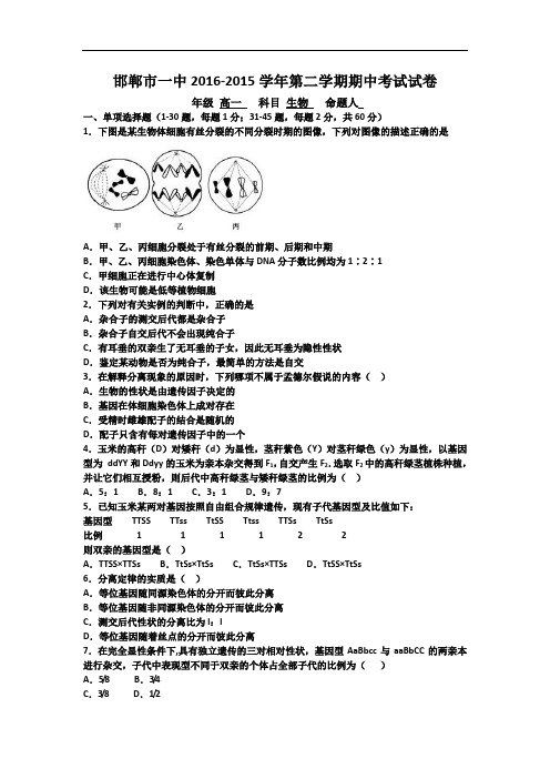 2015-2016学年河北省邯郸市一中高一第二学期期中考试生物(平行班)试卷