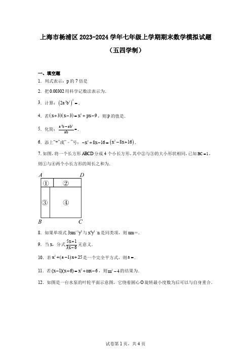 上海市杨浦区2023-2024学年七年级上学期期末数学模拟试题(五四学制)