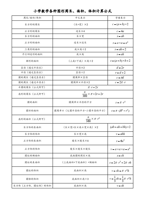 小学数学图形周长、面积、体积公式