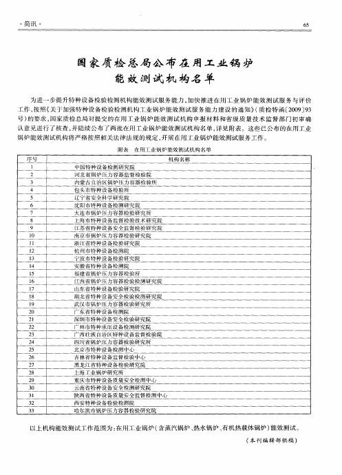 国家质检总局公布在用工业锅炉能效测试机构名单