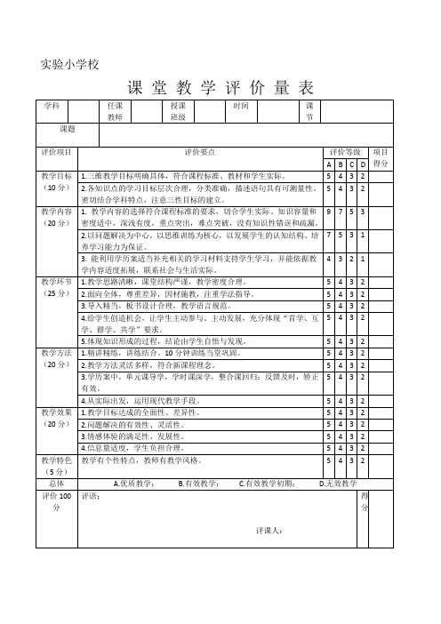 小学课堂教学评价量表