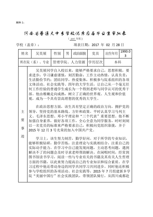 吴昊展河南省普通大中专学校优秀应届毕业生审批表