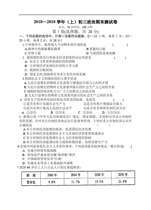 九年级政治-初三政治第一学期期末测试卷 最新