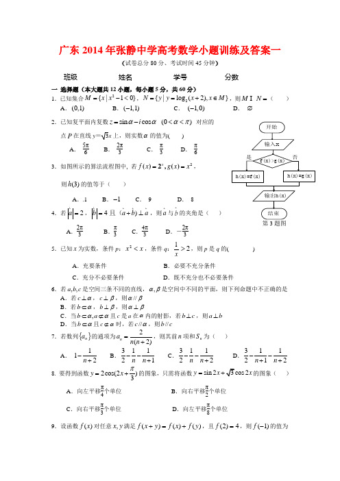 广东2014年张静中学高考数学小题训练及答案一